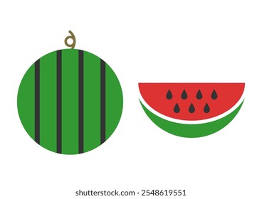 Vector illustration of watermelon. Front view and cross section. Fruits cute icons. White background.
