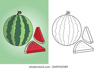 Vector illustration of a watermelon fruit coloring page for kids. Shadow, main object, and background are on different layers.