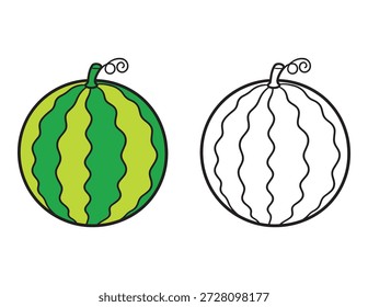 Ilustração vetorial de uma melancia. Fruit Coloring Page for Kids. preto e branco arte da linha com uma versão colorida para a atividade educacional e colorida das crianças.