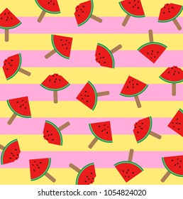 Vector illustration of watermelon ice cream slices on a stick with colorful pattern background