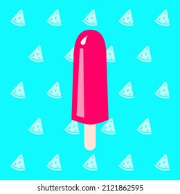 Vector illustration of a watermelon ice cream on a fruity background. Summer dessert, popsicle. It is suitable for use for postcards, gifts, websites, social media, cafe menu, restaurant, bar, shops.