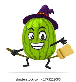 Vector illustration of watermelon mascot or character wearing witch costume and ride flying broom