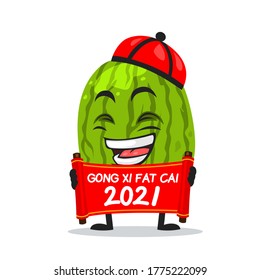 Vector illustration of watermelon mascot or character holding red scroll and says happy chinese new year 2021