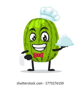 Vector illustration of watermelon mascot or character wearing chef hat and serve food