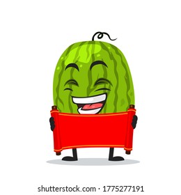 Vector illustration of watermelon mascot or character holding blank red scroll