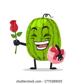 Vector illustration of watermelon mascot or character give flower and holding pink gift