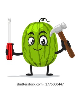 Vector illustration of watermelon mascot or character holding hammer and screwdriver