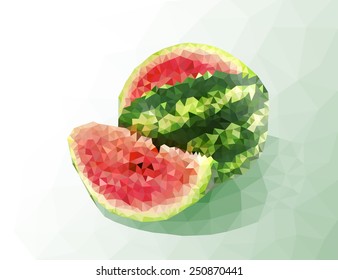 Vector illustration of watermelon on abstract background. Polygonal Mosaic. Triangular low poly style. Template for poster. EPS 8.