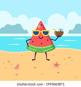 Vector illustration of watermelon on vacation at the beach. Watermelon is enjoying summer. Flat style.