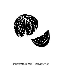 Vector illustration of a watermelon and a slice isolated on white background. Hand drawn black icon, logo template.