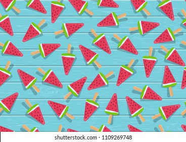 Vector illustration. Watermelon slices on  blue wooden background.