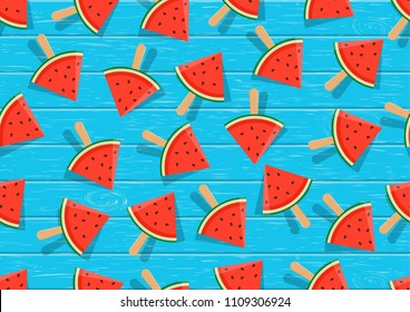 Vector illustration. Watermelon slices on  blue wooden background. Seamless pattern.