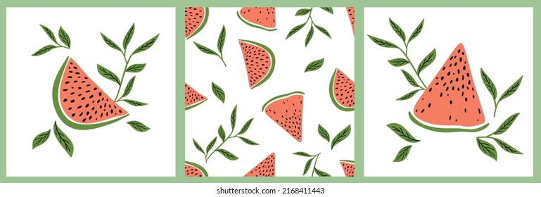 Vector illustration with watermelon slices on a white background. Watermelon with seeds and leaves. Juicy summer berries and fruits. Design for printing on clothing, fabric, paper 