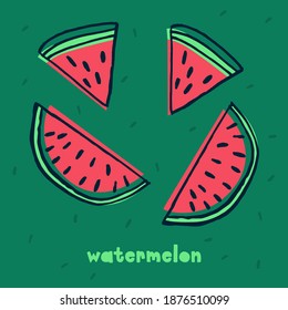 Ilustración vectorial de rodajas de sandía. Rojo y verde con letras. fruta tropical, dulce y refrescante. Aislado sobre un fondo colorido. Puede utilizarse como icono o como logotipo para una marca.