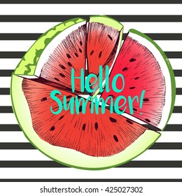 Vector illustration of watermelon slices in round border composition. Hello summer mint green. Isolated on black stripe background. 