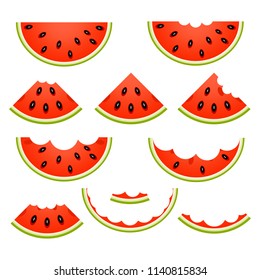 Vector illustration of watermelon slices, whole, eaten and rind, isolated on white background.
