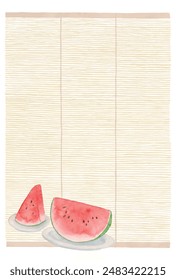 Vector illustration of watermelon and sudare frame in analog watercolor.