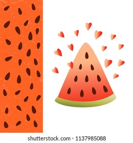 Vector illustration with watermelon. Summer dessert flat style. Vector postcard. Cute icon of Summer time with hearts.