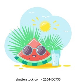 vector illustration of watermelon in sunglasses on the beach

