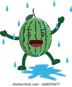 Vector illustration of a watermelon under the rain