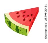 Vector illustration of a watermelon wedge. Triangle shaped watermelon slice Hand drawn trendy flat style isolated icon on a transparent background. Ripe juicy red watermelon icon