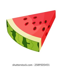 Vector illustration of a watermelon wedge. Triangle shaped watermelon slice Hand drawn trendy flat style isolated icon on a transparent background. Ripe juicy red watermelon icon