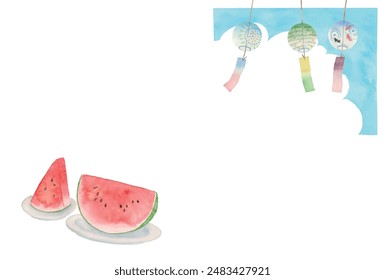 Vector illustration of watermelon and wind chime frame in analog watercolor