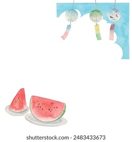 Vector illustration of watermelon and wind chime frame in analog watercolor