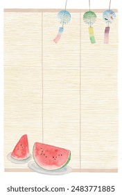 Vector illustration of watermelon and wind chime frame in analog watercolor