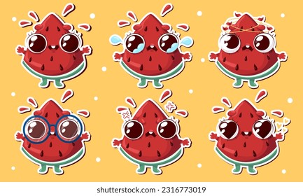 Vector illustration of watermelon.character stickers with various cute expression,cool,funny,set of watermelon isolated