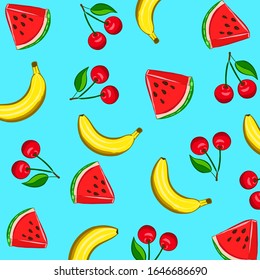 vector illustration of watermelons banana, cherry , summer, sweet, juicy, fruits, tropics, vacation, sun EPS10