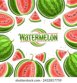 Vektor-Illustration von Wassermelonen mit Kopierraum für Werbetext, dekoratives Layout mit Illustration von Wassermelonenteilen-Zusammensetzung, quadratisches Fruchtposter mit grünem Text-Wassermelone auf weißem Hintergrund