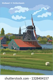 Vector Illustration of watermill in Amsterdam (Netherlands, Holland). Landmark of Holland. Watermill on the meadow.Colorful vector illustration.
