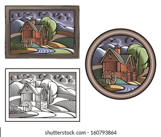 Vector Illustration Of A Watermill, Done In Retro Woodcut Style. 