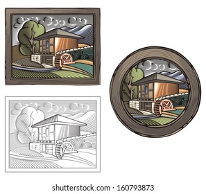 Vector illustration of a watermill, done in retro woodcut style. 