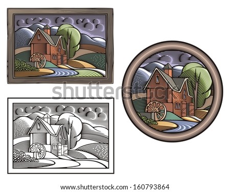 Vector illustration of a watermill, done in retro woodcut style. 