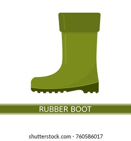 Vector illustration of waterproof rubber boot isolated on white background. Green rain boot in flat style. Gumboots for rainy weather, fishing, gardening