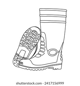 Vector Illustration of Waterproof Rubber Tall Boot Rain Line art. Hand drawn side and bottom view. suitable for your Boots shoes design, Isolated on white background