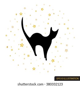 Vector illustration wath gold stars and black cat