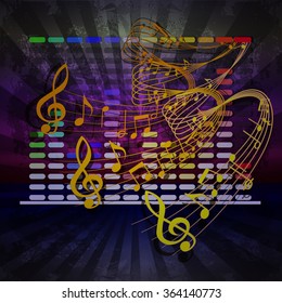 Vector illustration wave of musical notes in the background textured background with equalizer in the background.