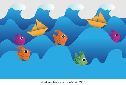 vector illustration of wave with ship paper and fish. time to fishing. paper art style