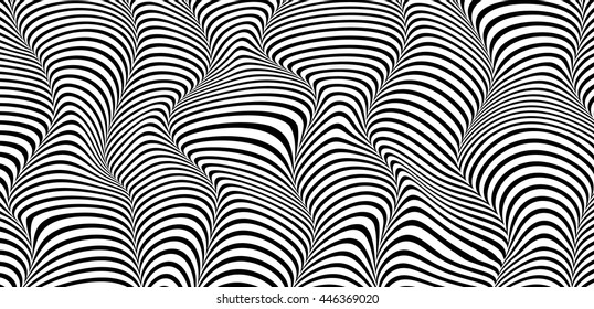 Vector illustration of wave striped textured horizontal background in 3d fashion style. Geometric modern template with monochrome curve move zebra line for  abstract pattern