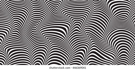 Vector illustration of wave striped textured horizontal background in 3d fashion style. Geometric modern template with monochrome curve move zebra line for abstract pattern