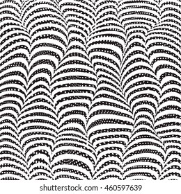 Vector illustration of wave striped textured monochrome background in 3d fashion style. Geometric modern template with black and white curve move zebra line and waves dots