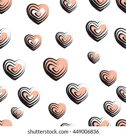 Vector illustration of wave textured hearts seamless background in 3d fashion style. Geometric modern template with curved heart for abstract pattern.