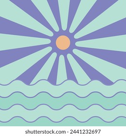 Vektor-Illustration von Wellen und ersten Sonnenaufgang, Hintergrund von Meereswellen und Sonne.