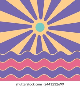 Ilustración vectorial de olas y primer amanecer, fondo de olas de mar y sol.