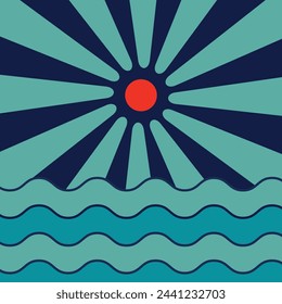 Vector illustration of waves and first sunrise, background of sea waves and sun.