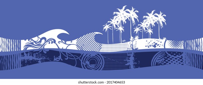 Vector illustration of waves in graphic style with coconut trees and embedded geometric elements.