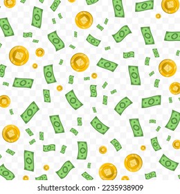Ilustración vectorial del dinero de Waves. Patrón aleatorio de billetes y monedas en color verde y oro sobre fondo transparente (PNG). 